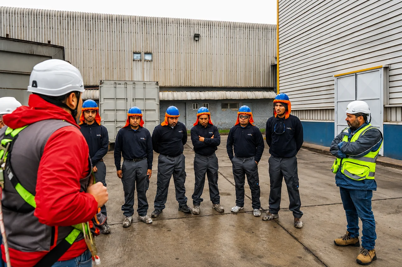 Equipo de Disalva SpA reunido en terreno durante una charla de seguridad
